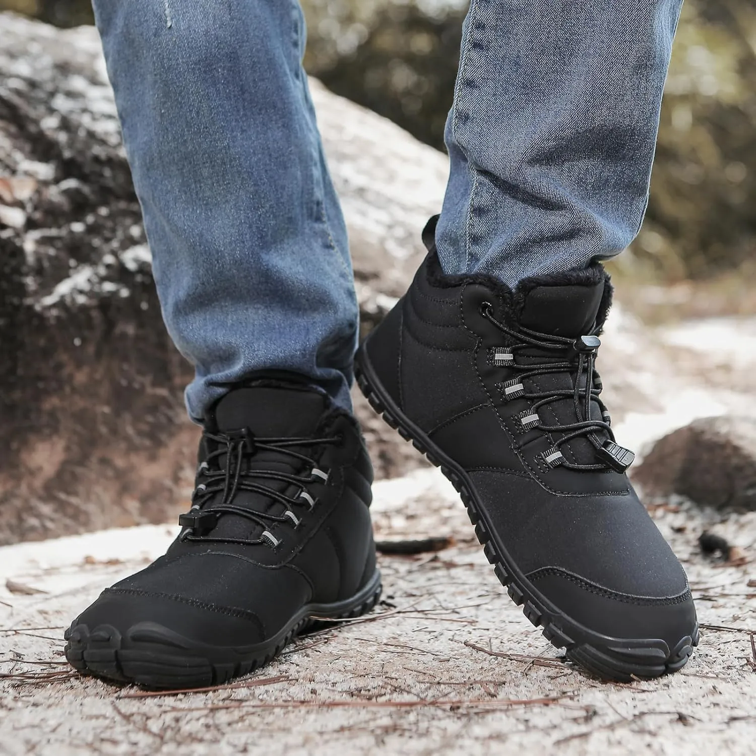 Mens Winter Barefoot Hiking Boots Slip-On Warm Zero Drop Snow Boots with Wide Toe Box Ankle Bootie Cut Minimalist Waterproof Five-Finger Sneakers for Hiking Walking Outdoor Adventures Unisex Design