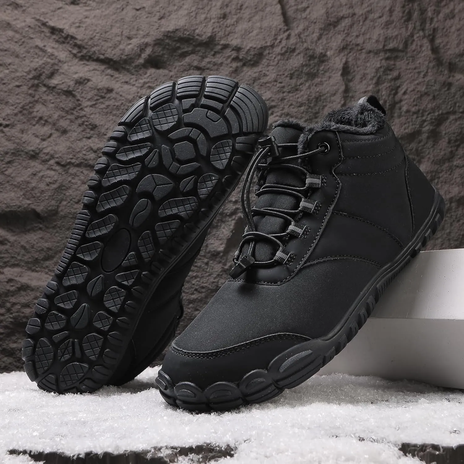 Mens Winter Barefoot Hiking Boots Slip-On Warm Zero Drop Snow Boots with Wide Toe Box Ankle Bootie Cut Minimalist Waterproof Five-Finger Sneakers for Hiking Walking Outdoor Adventures Unisex Design