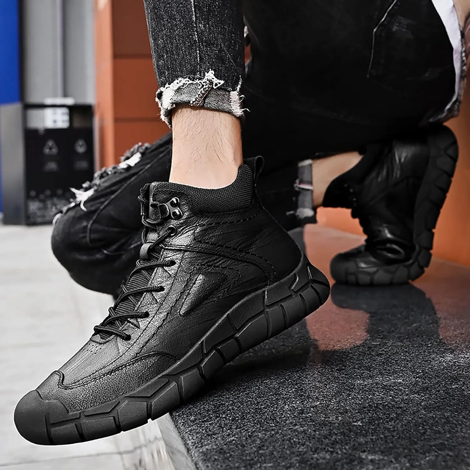 Mens Winter Boots, Outdoor Plush Warm Retro Trend Snow Rain Lace Up Waterproof Hiking Shoes, for Trekking Skiing Durable Rubber Sole Mens Snow Boots