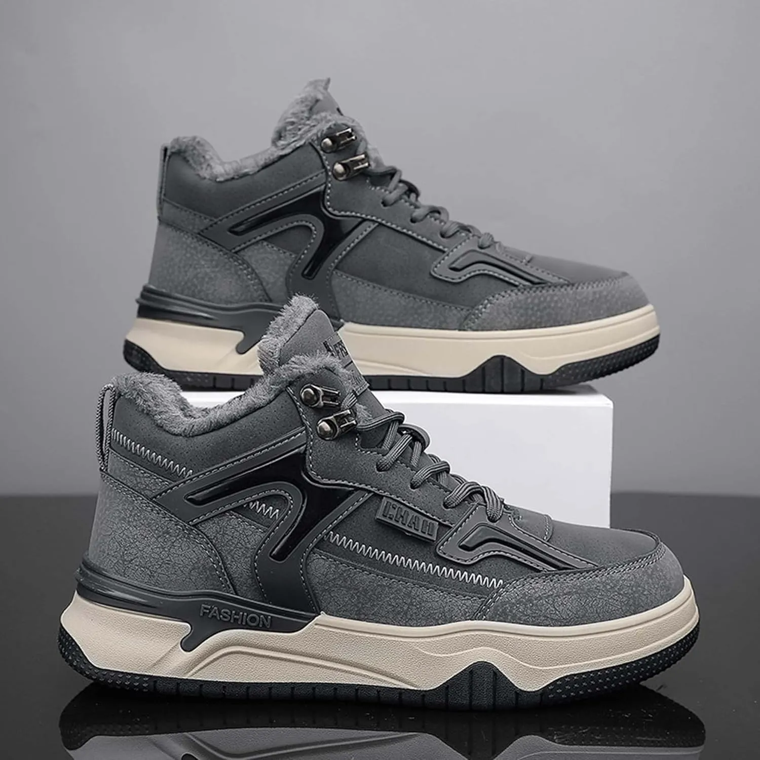 Men's Winter Cotton Snow Boots Warm Plush Casual Cotton Shoes Fashionable Men's Cotton Boots Outdoor Lightweight Hiking Boots Black