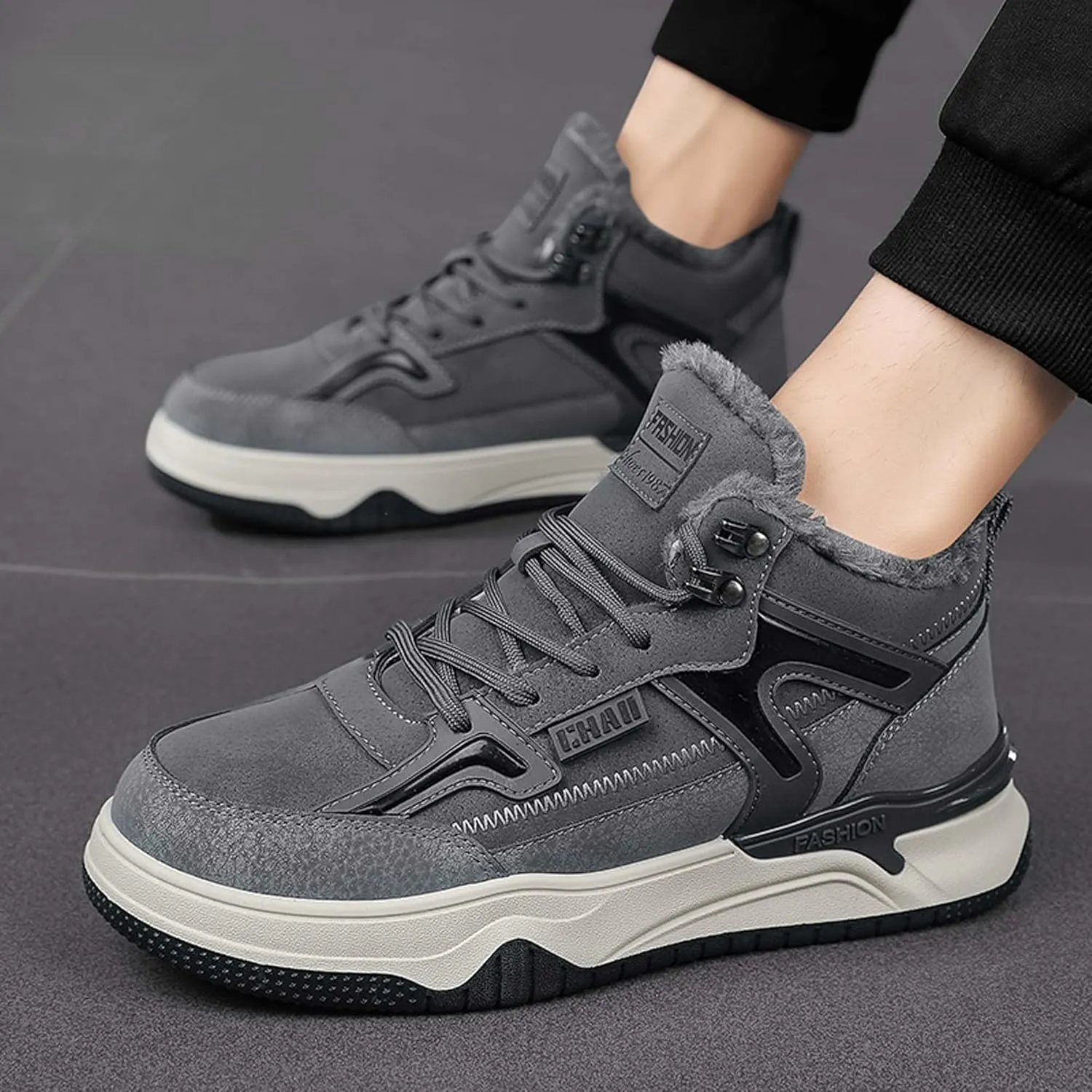 Men's Winter Cotton Snow Boots Warm Plush Casual Cotton Shoes Fashionable Men's Cotton Boots Outdoor Lightweight Hiking Boots Black