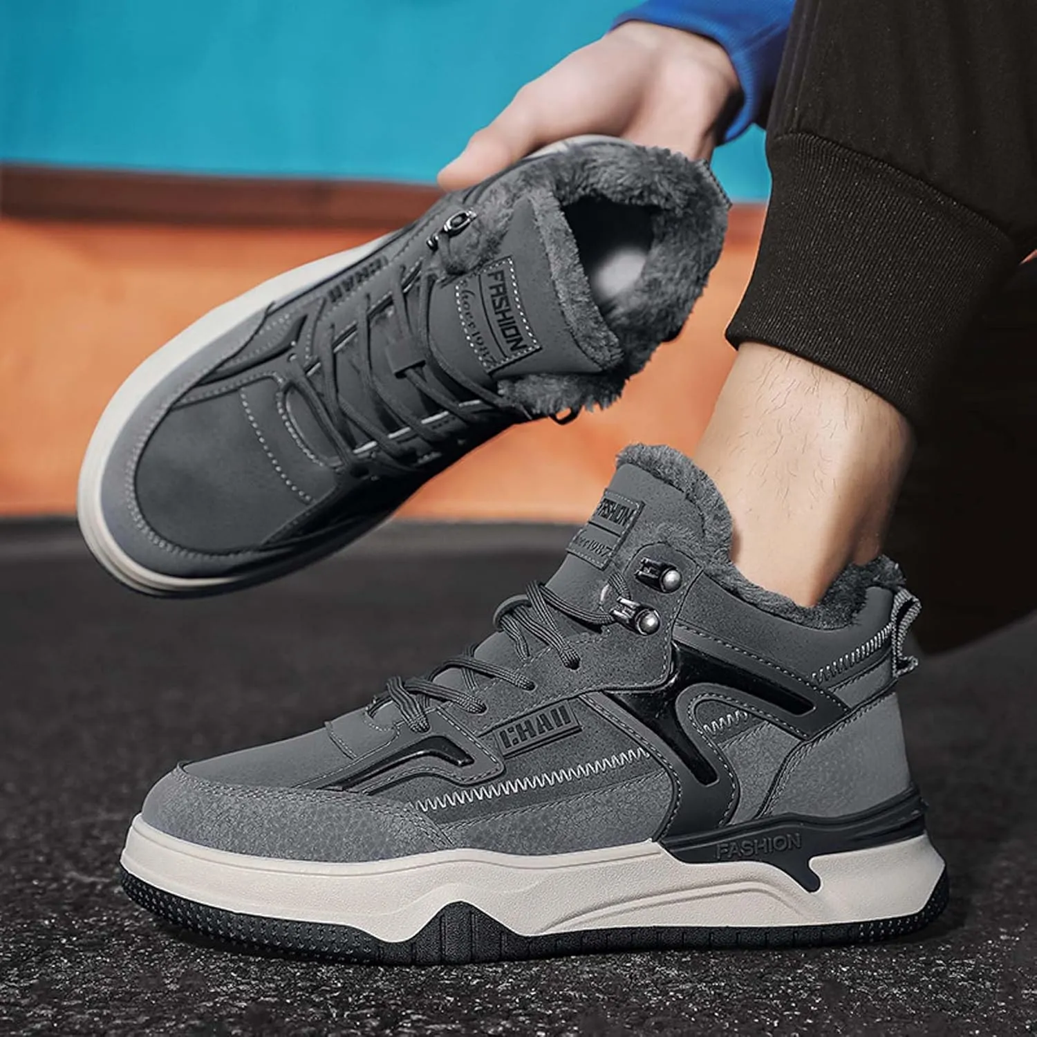 Men's Winter Cotton Snow Boots Warm Plush Casual Cotton Shoes Fashionable Men's Cotton Boots Outdoor Lightweight Hiking Boots Black