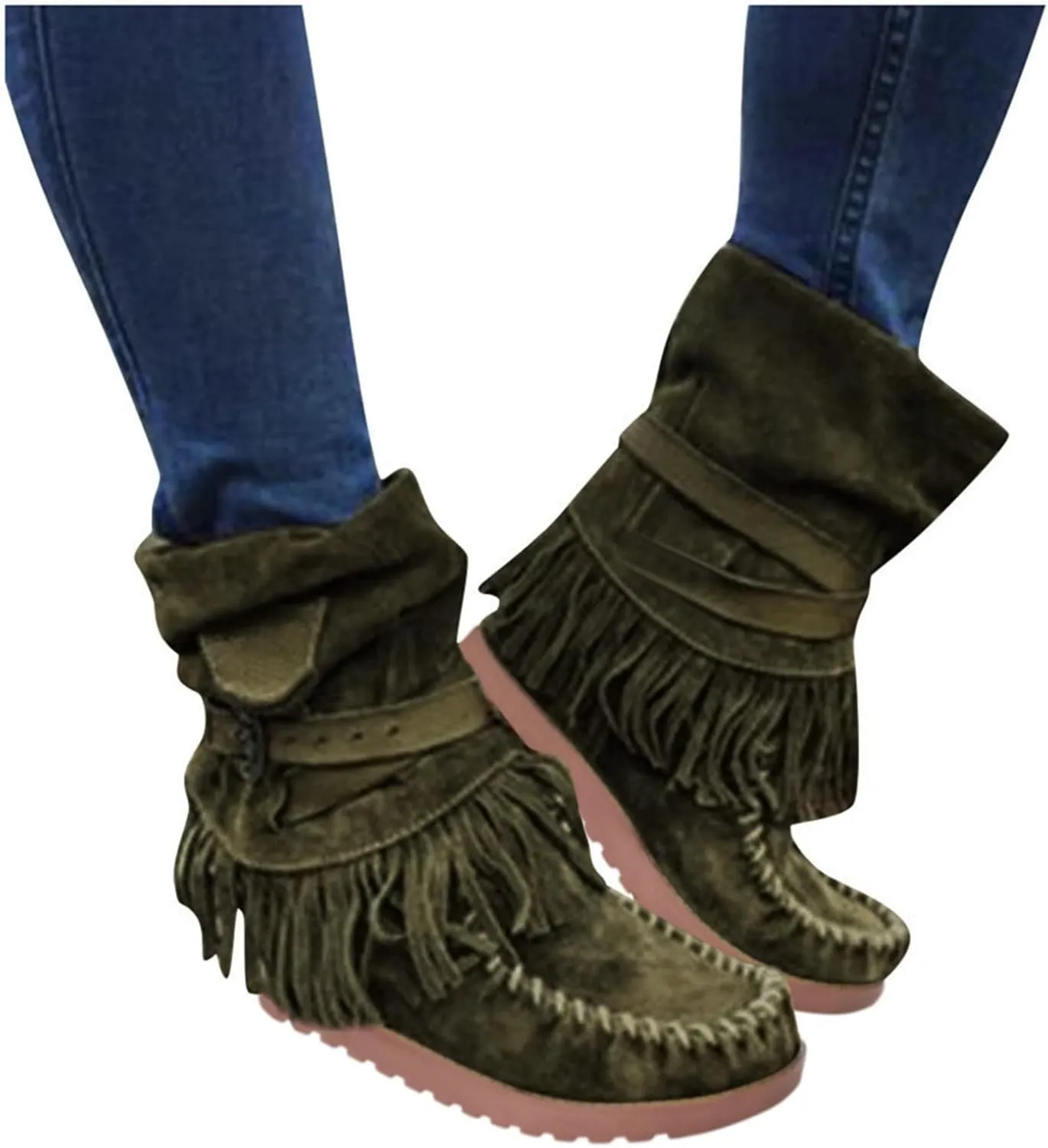 Mid Calf Boots for Women Comfortable Boots for Women Casual Fashion Round Toe Retro Short Women's Fringe Boots Comfy