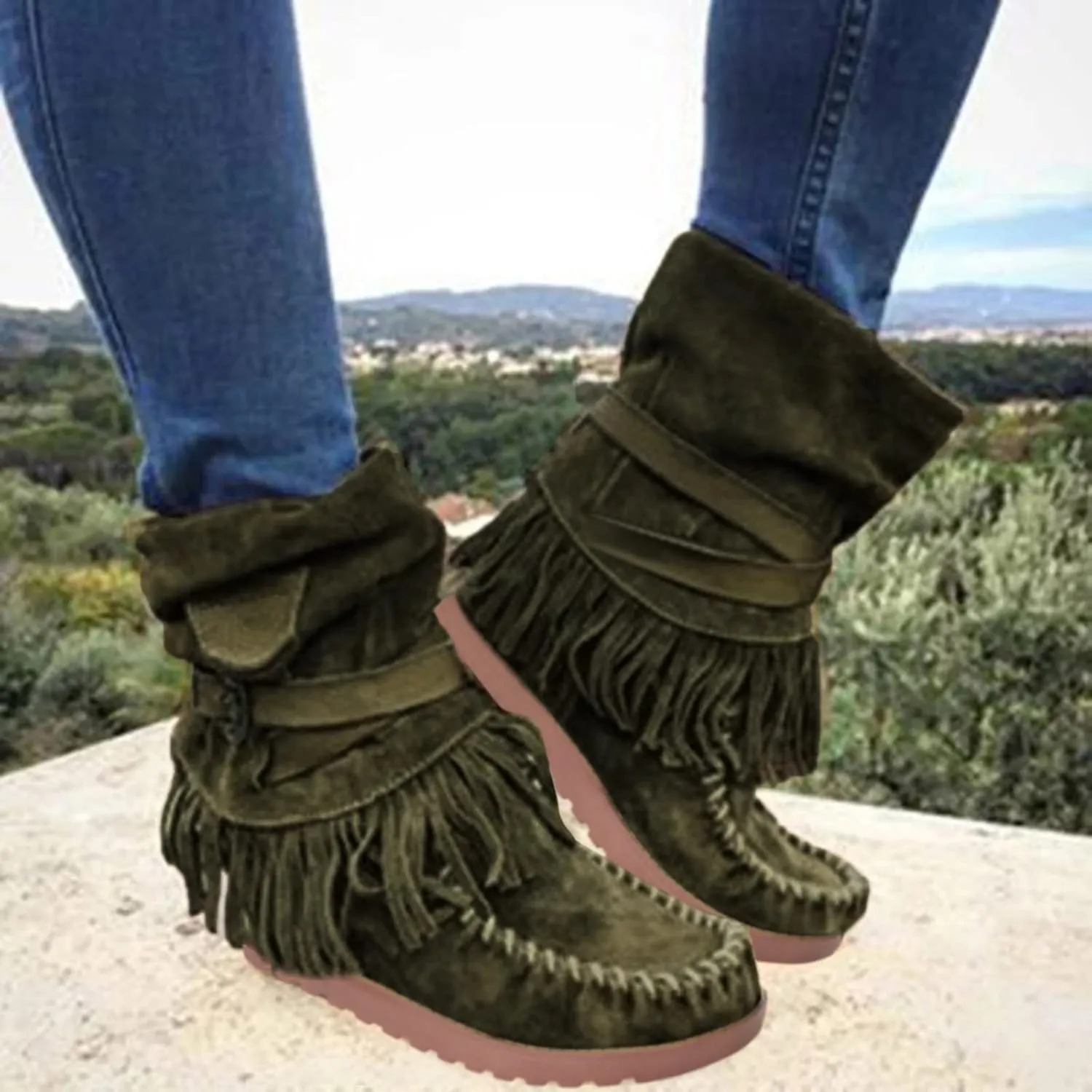 Mid Calf Boots for Women Comfortable Boots for Women Casual Fashion Round Toe Retro Short Women's Fringe Boots Comfy