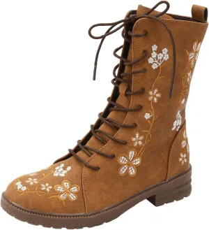 Mid Calf Boots for Women Retro Printed Embroidered Women's Heel Monochrome Fashion Short Boots Non Statement Boots Women