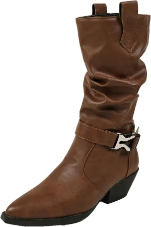 Mid Calf Boots for Women Western Boots Women Retro Pointed Toe Pleated Design Chunky Heel Big Size Western Vintage