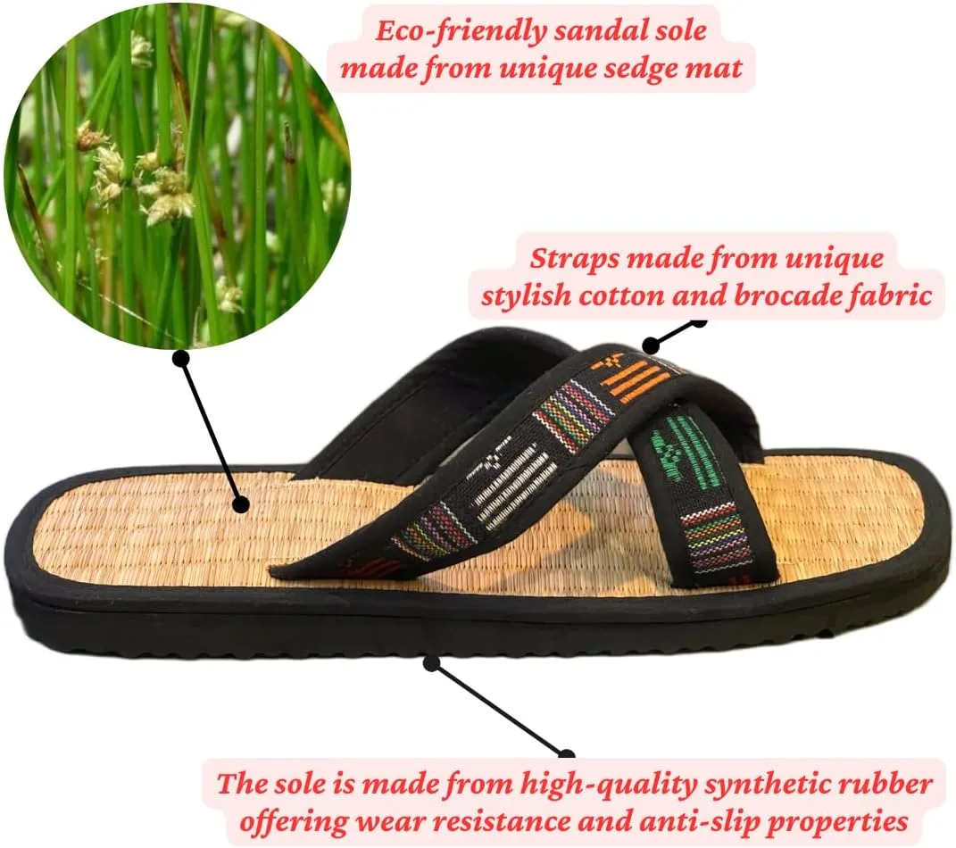 Natural Sedge Mat Sandals for Men & Women | Sustainable Straw Flip Flops | Breathable, Comfortable Spa & Beach Slippers for Home or Hotel