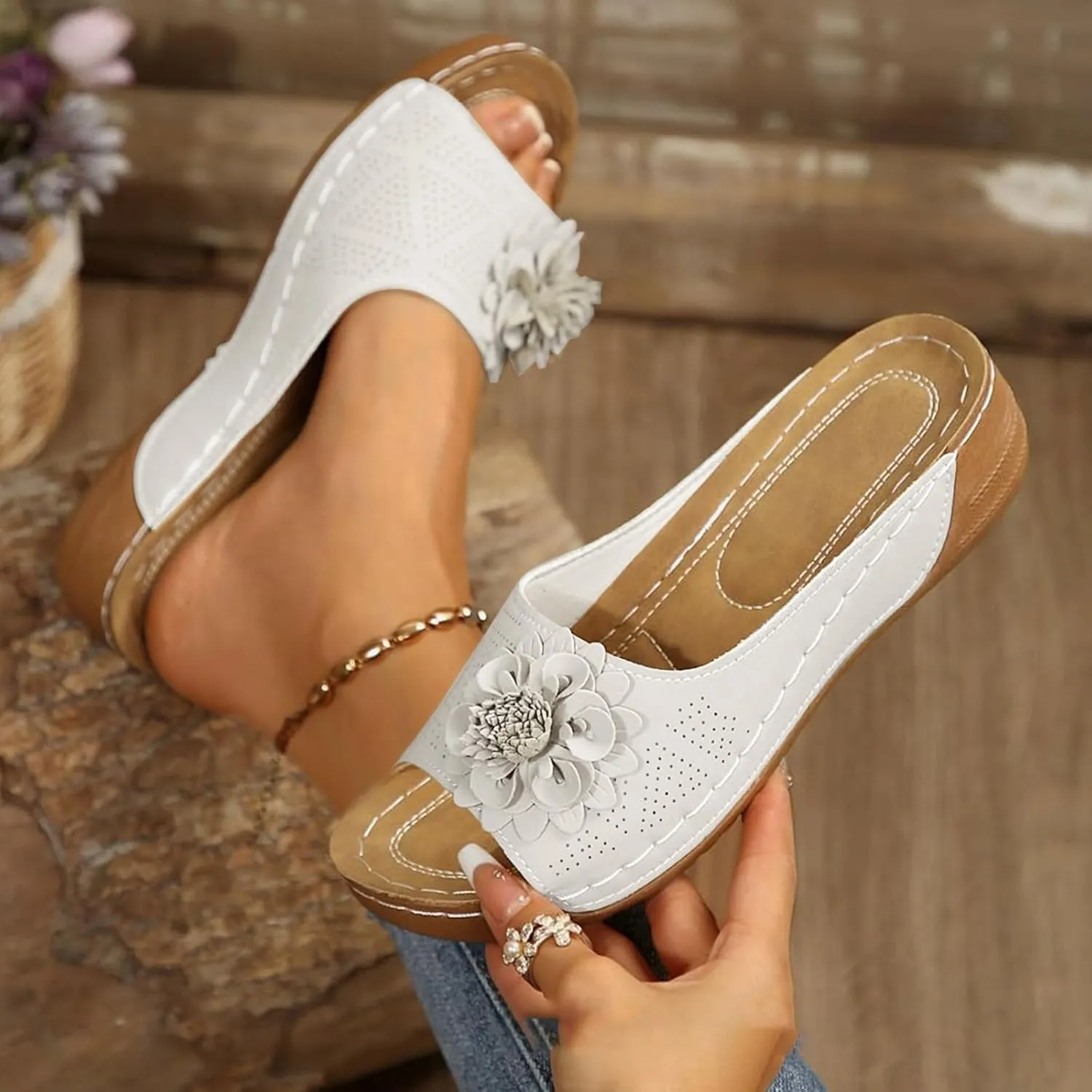 Open Toe Orthopedic Slippers for Women, Hollow Out Breathable Wedges, Platform Flat Sandals, Dressy Summer Shoes Slip On Flower Decoration Shoes Lightweight Vacation Beach Slippers Comfortable Slides