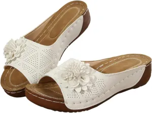 Open Toe Orthopedic Slippers for Women, Hollow Out Breathable Wedges, Platform Flat Sandals, Dressy Summer Shoes Slip On Flower Decoration Shoes Lightweight Vacation Beach Slippers Comfortable Slides