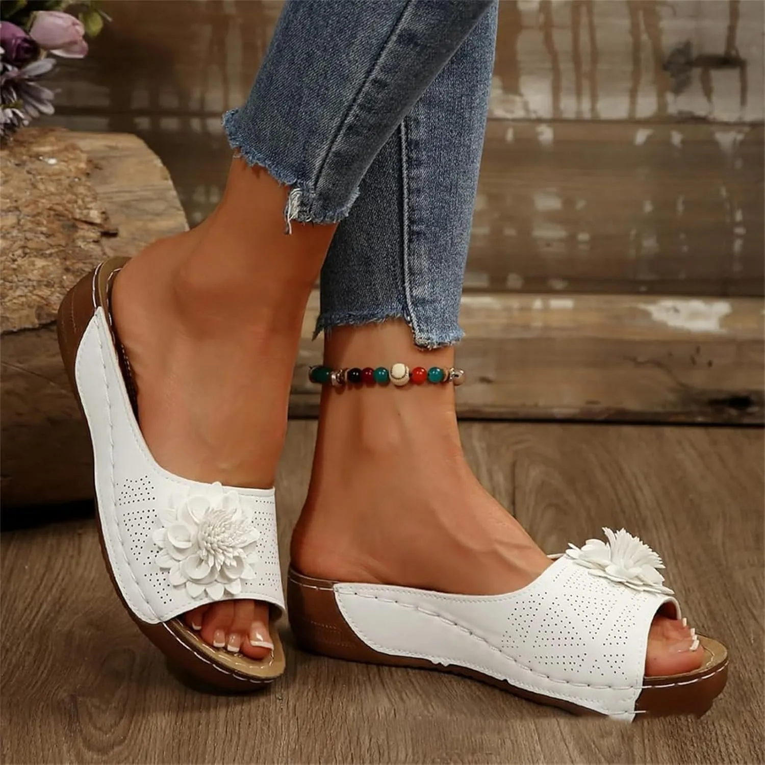 Open Toe Orthopedic Slippers for Women, Hollow Out Breathable Wedges, Platform Flat Sandals, Dressy Summer Shoes Slip On Flower Decoration Shoes Lightweight Vacation Beach Slippers Comfortable Slides