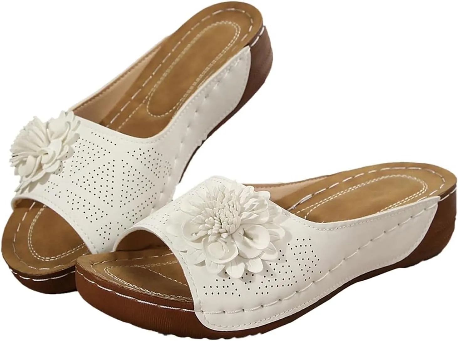 Open Toe Orthopedic Slippers for Women, Hollow Out Breathable Wedges, Platform Flat Sandals, Dressy Summer Shoes Slip On Flower Decoration Shoes Lightweight Vacation Beach Slippers Comfortable Slides
