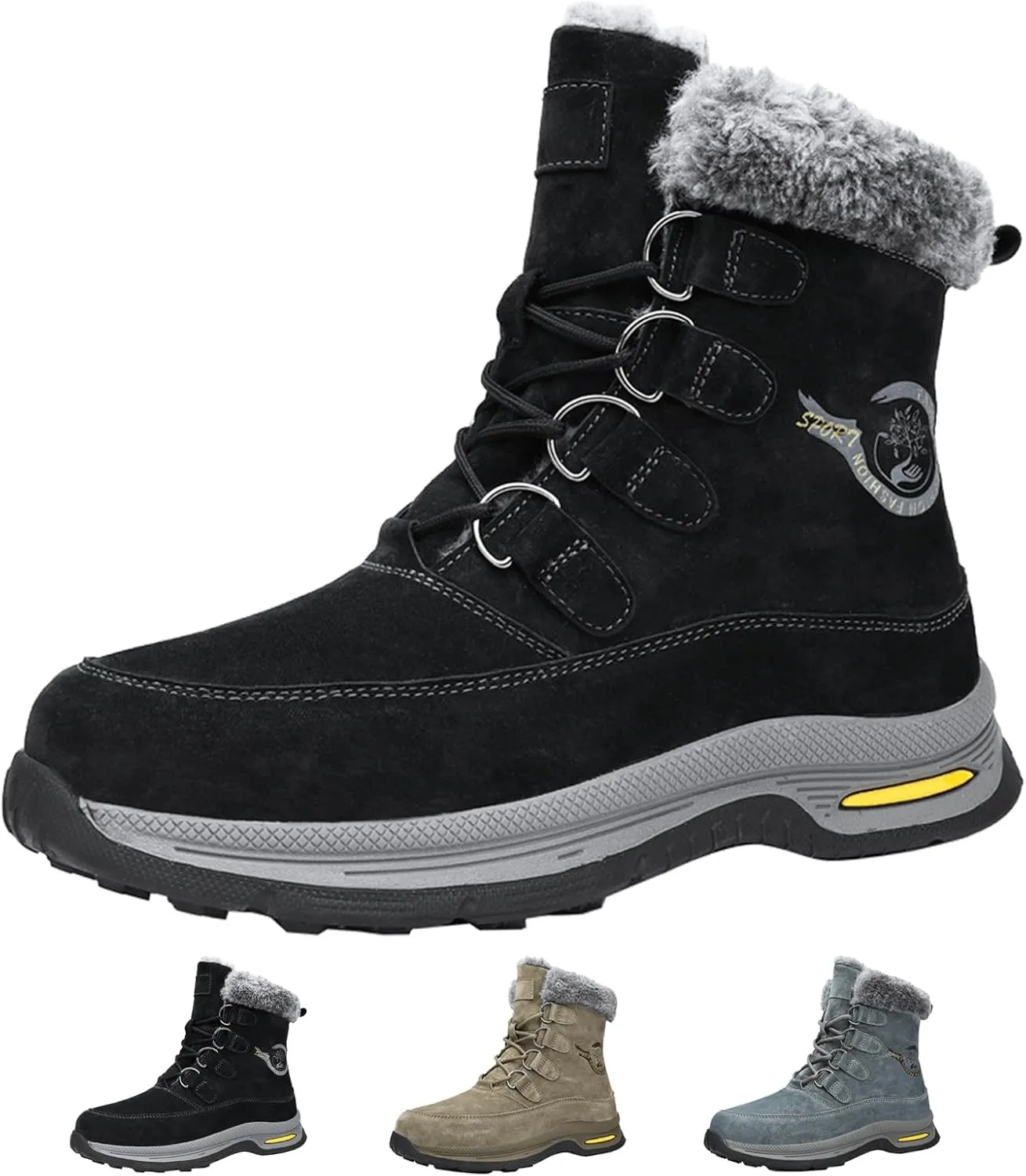 Optigard Men's High-Top Lace-up Snow Boots Winter Warm Fur Lined Waterproof Furry Boots Cold Weather Outdoor Anti-Slip Working Hiking Sneaker