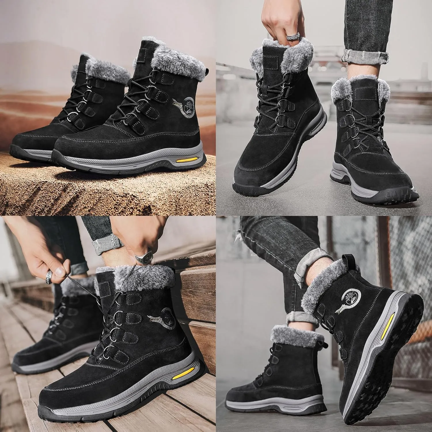Optigard Men's High-Top Lace-up Snow Boots Winter Warm Fur Lined Waterproof Furry Boots Cold Weather Outdoor Anti-Slip Working Hiking Sneaker