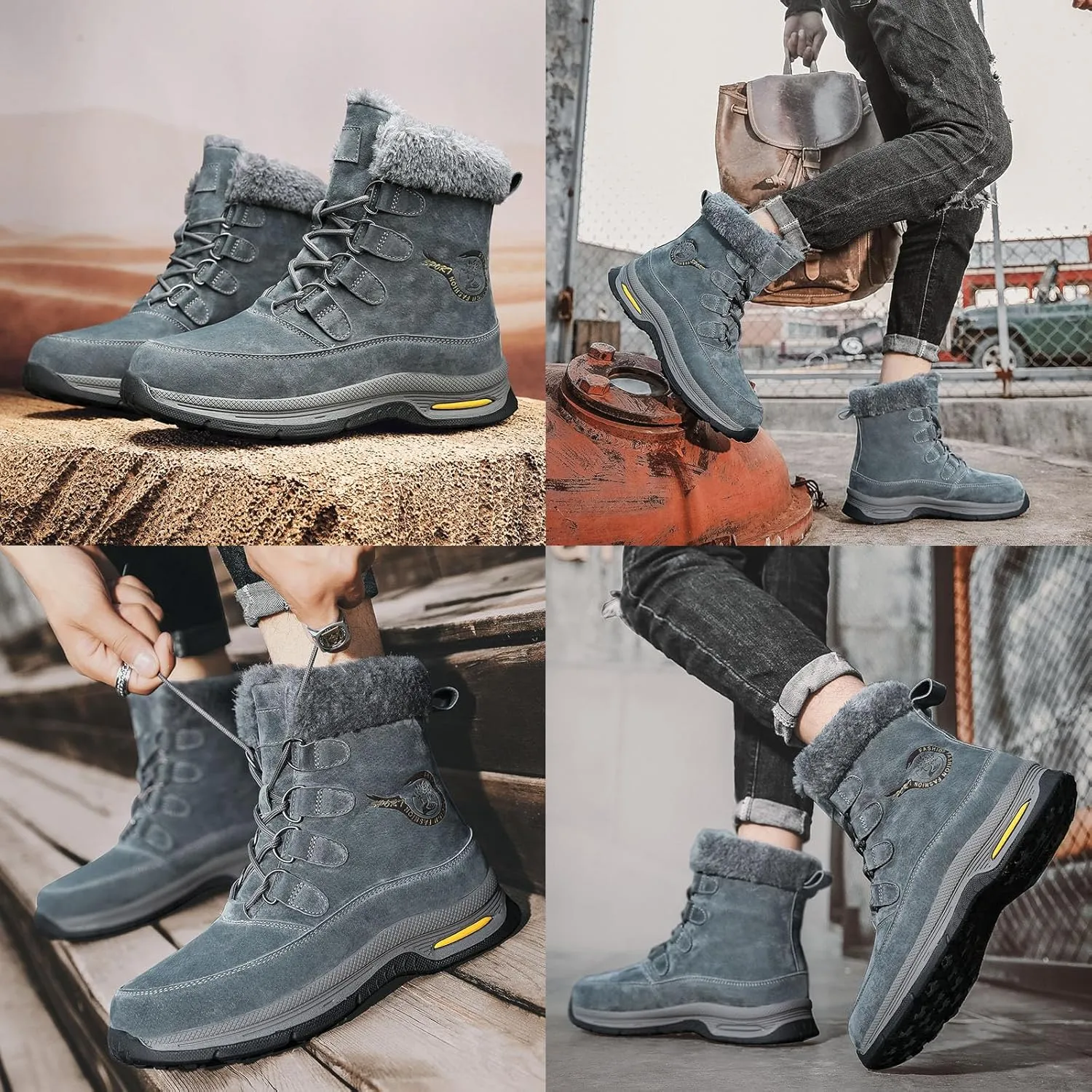 Optigard Men's High-Top Lace-up Snow Boots Winter Warm Fur Lined Waterproof Furry Boots Cold Weather Outdoor Anti-Slip Working Hiking Sneaker