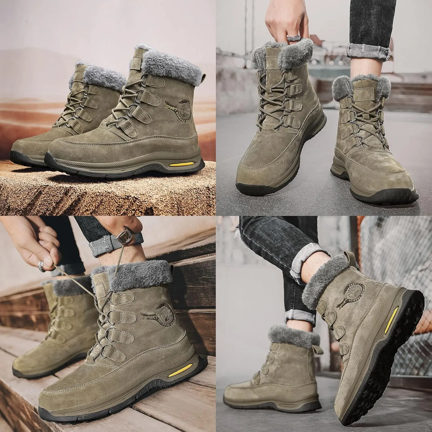 Optigard Men's High-Top Lace-up Snow Boots Winter Warm Fur Lined Waterproof Furry Boots Cold Weather Outdoor Anti-Slip Working Hiking Sneaker