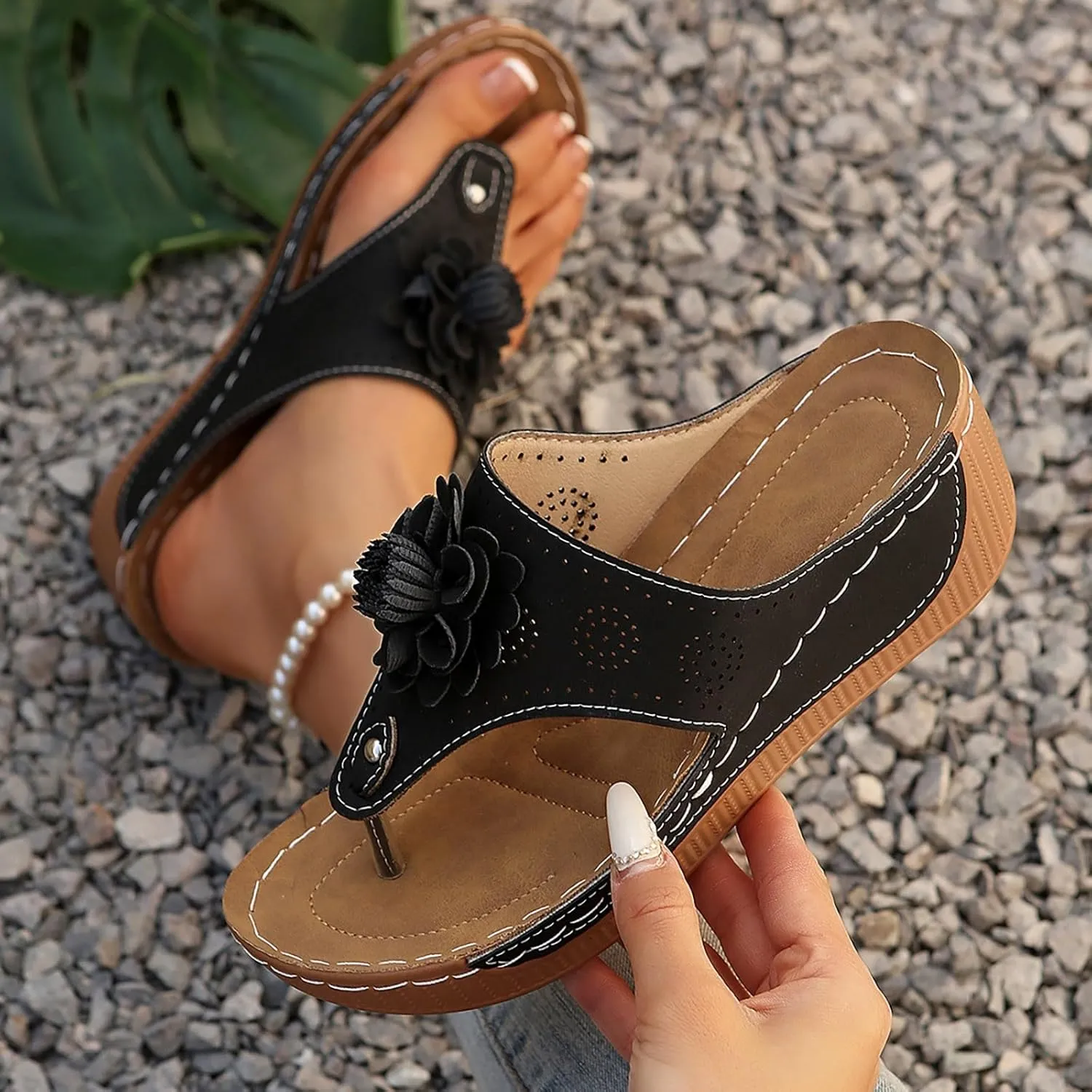 Orthopedic Platform Wedge Sandals for Women Summer Dressy 2025,Low Wedges Sandal Retro Bohemian Floral Breathable Slip On Orthopedic Arch Support Slides