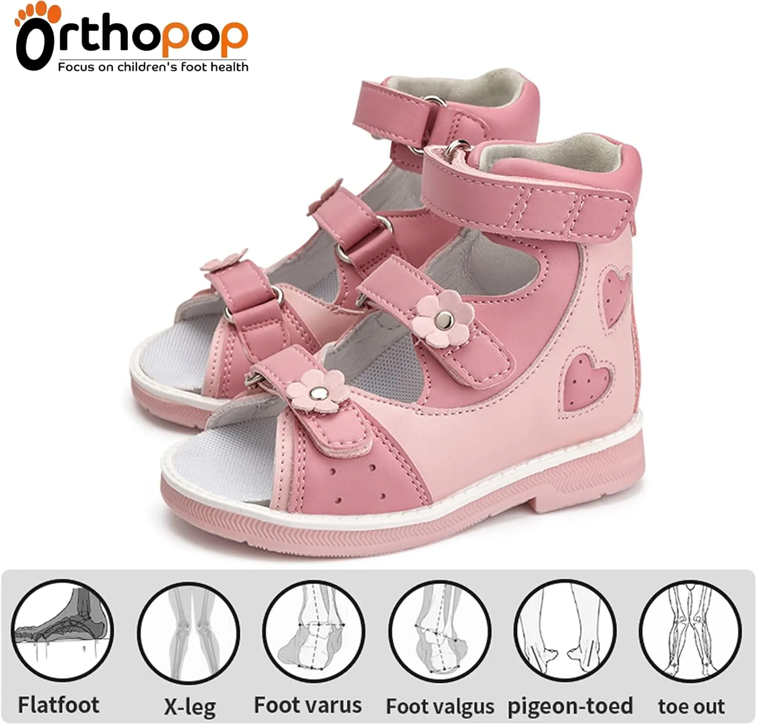 Orthopedic Sandals for Girls with Love Heart Pattern,Corrective High-Top AFO Shoes with Arch and Ankle Support