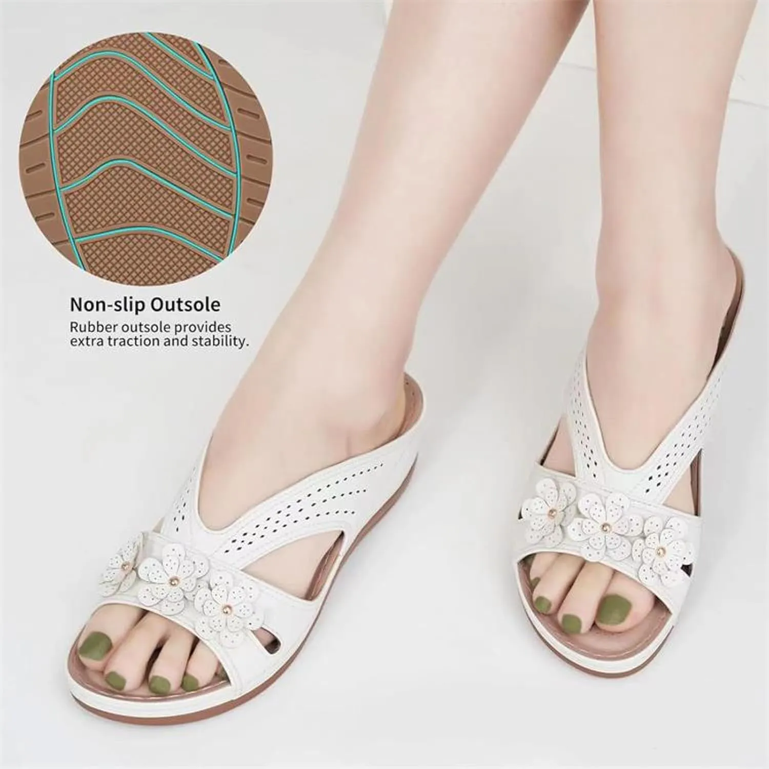 Orthopedic Sandals For Women,Summer Womens Dressy Flower Slippers Open Toe Orthotic Casual Slides Non Slip Comfortable Wear Shoes Ladies Lightweight Memory Foam Platform Sandals