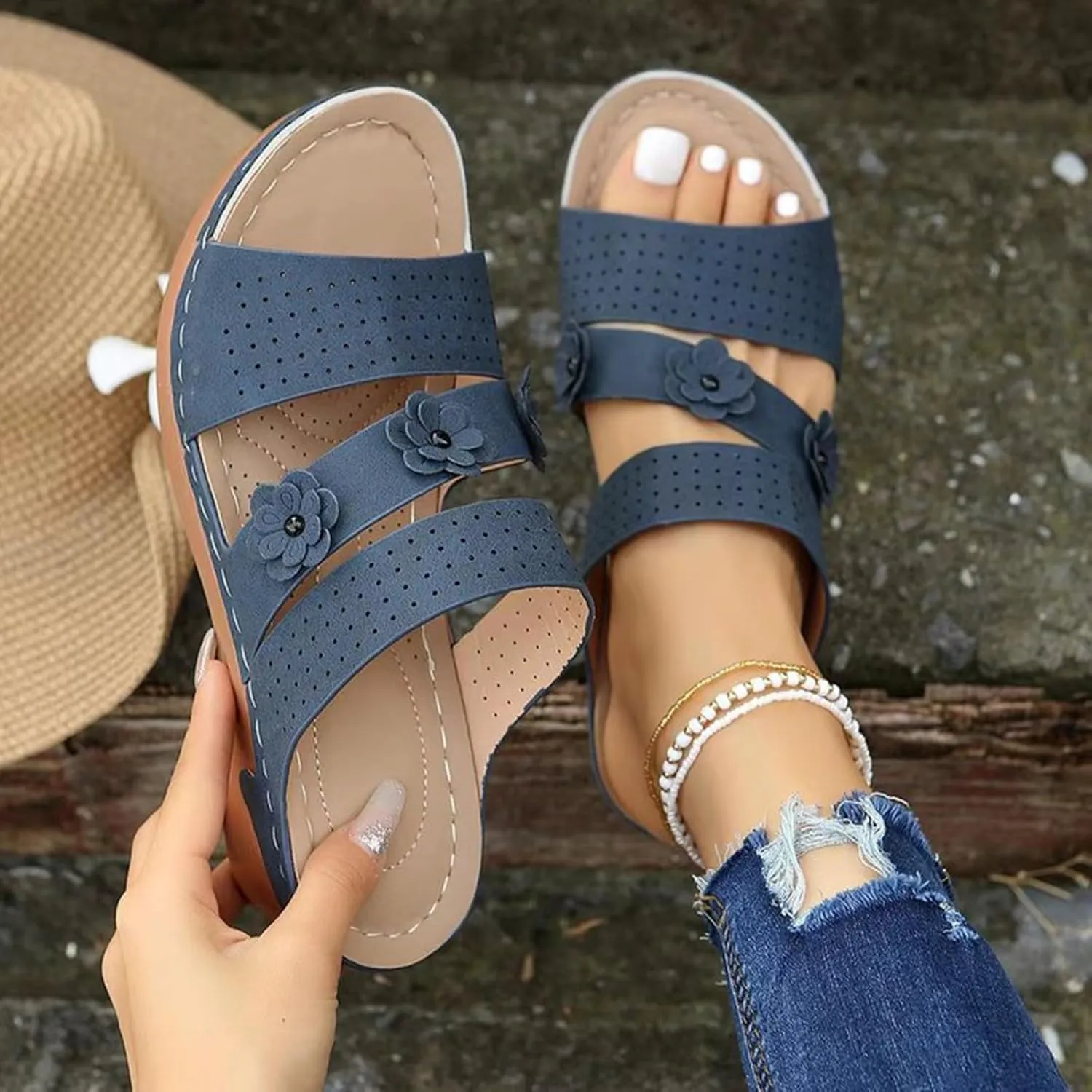 Orthopedic Slides for Women with Arch Support Ortho Pro Sandals Non Slip Slippers Flower Decoration Summer Walking Shoes Beach 2025 Dressy Sandals Comfortable Wedges Shoes Breathable Soft