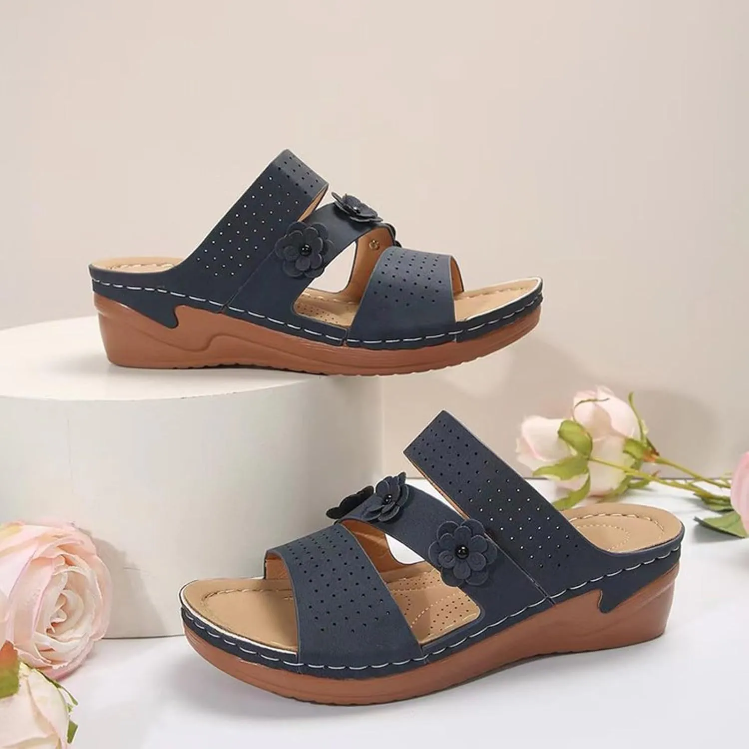 Orthopedic Slides for Women with Arch Support Ortho Pro Sandals Non Slip Slippers Flower Decoration Summer Walking Shoes Beach 2025 Dressy Sandals Comfortable Wedges Shoes Breathable Soft