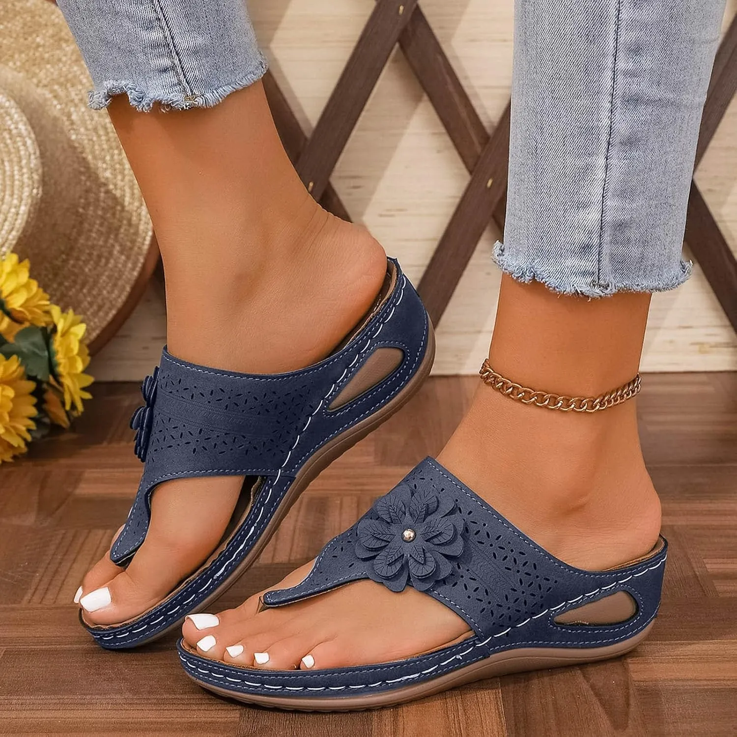 Orthopedic Wedge Sandals for Women Summer Dressy 2025 Flat Open-Toe Platform Flip Flops with Arch Support Comfortable Slip On Beach & Casual Shoes