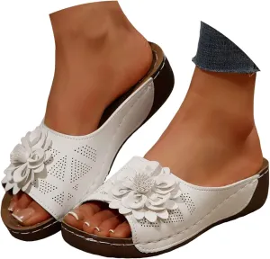 Orthopedic Wedge Sandals for Women Summer Dressy 2025,Chic Flowers Sandal Arch Support Fish Mouth Open Toe Slippers Wedge Platform Shoes