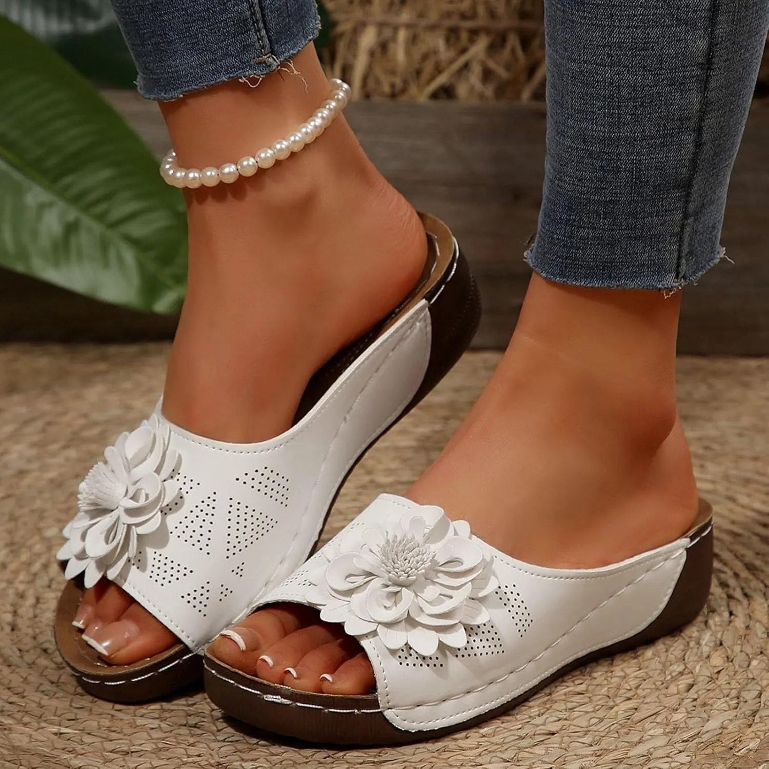 Orthopedic Wedge Sandals for Women Summer Dressy 2025,Chic Flowers Sandal Arch Support Fish Mouth Open Toe Slippers Wedge Platform Shoes