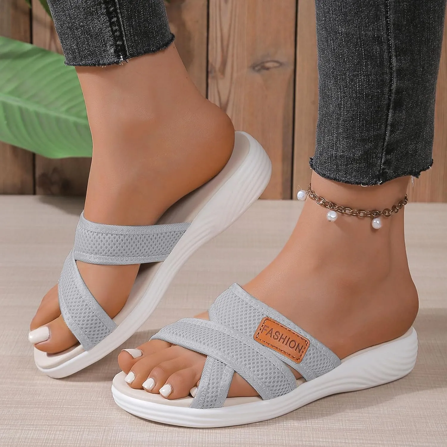 Orthotic Sandals for Women with Arch Support, Women's Hollow Mesh Slide Sandals Wide Width Orthopedic Slippers Comfortable Flip Flops Beach Vacation Walking Shoes for Plantar Fasciitis
