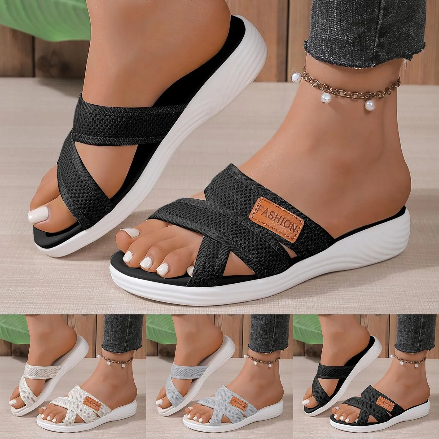 Orthotic Sandals for Women with Arch Support, Women's Hollow Mesh Slide Sandals Wide Width Orthopedic Slippers Comfortable Flip Flops Beach Vacation Walking Shoes for Plantar Fasciitis