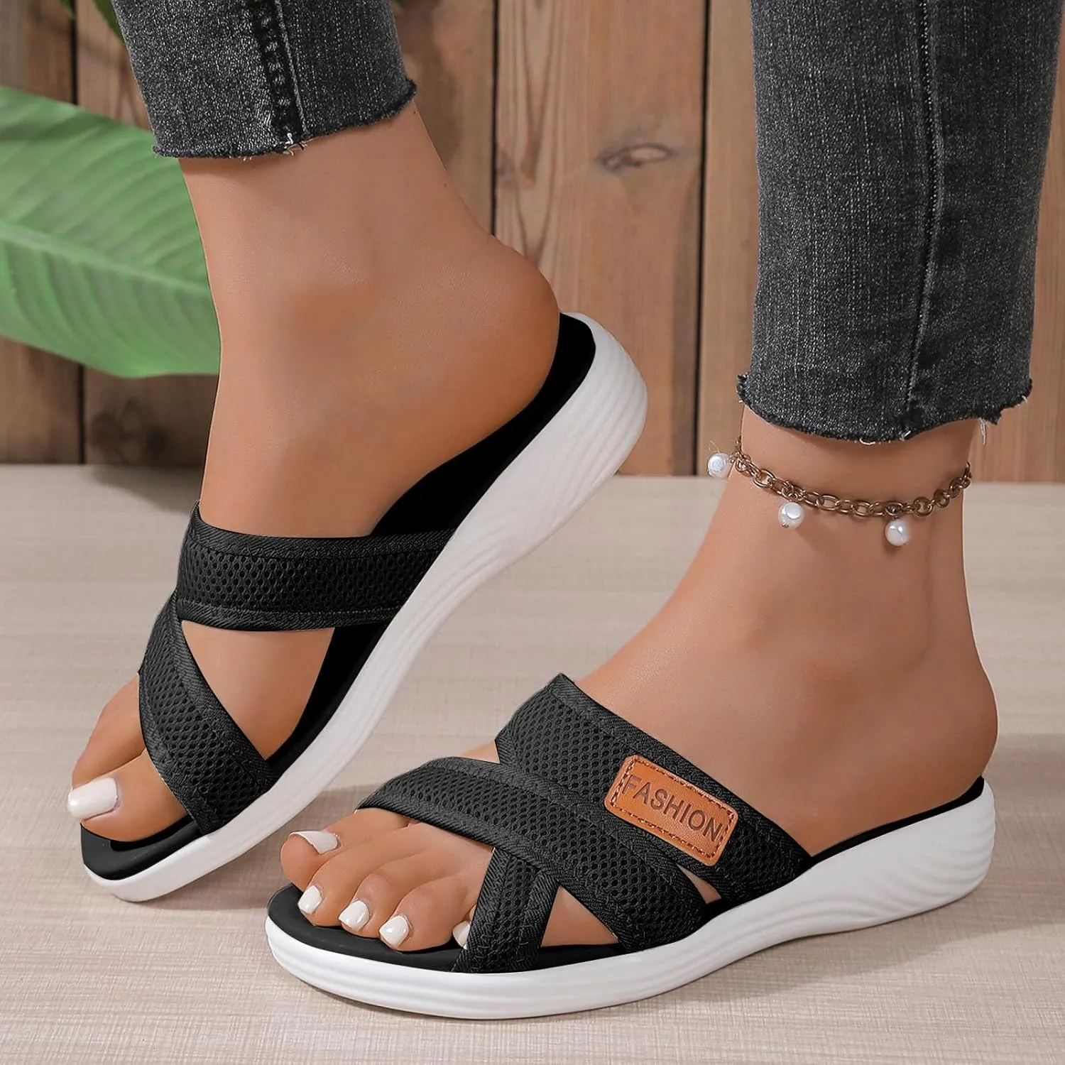 Orthotic Sandals for Women with Arch Support, Women's Hollow Mesh Slide Sandals Wide Width Orthopedic Slippers Comfortable Flip Flops Beach Vacation Walking Shoes for Plantar Fasciitis
