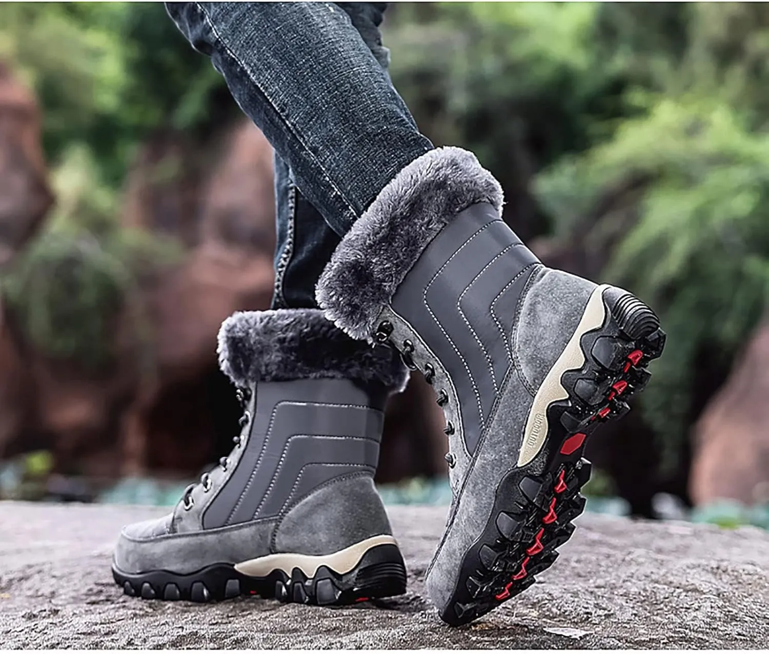 Outdoor Warm Snow Boots, Winter Comfortable Fur Lined Warm Slip on Mens Waterproof Ankle Boots, for Casual Walking Soft Ankle Booties Hiking Shoes