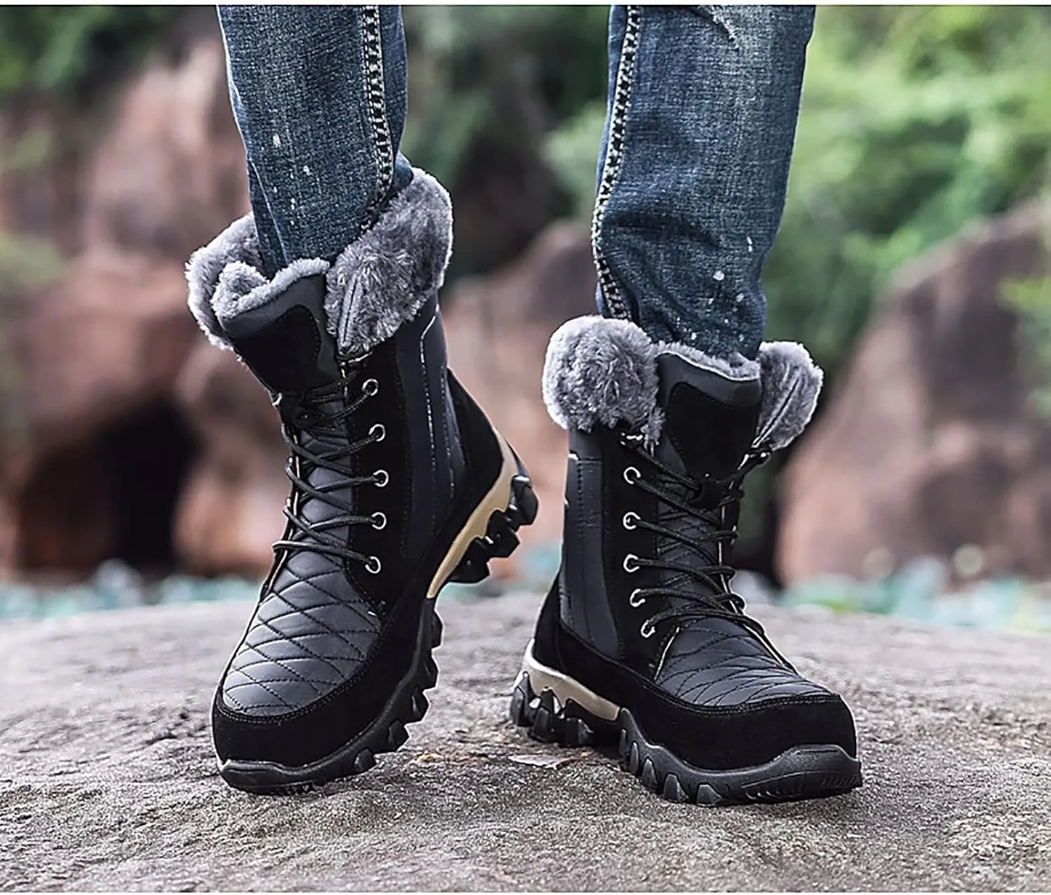 Outdoor Warm Snow Boots, Winter Comfortable Fur Lined Warm Slip on Mens Waterproof Ankle Boots, for Casual Walking Soft Ankle Booties Hiking Shoes