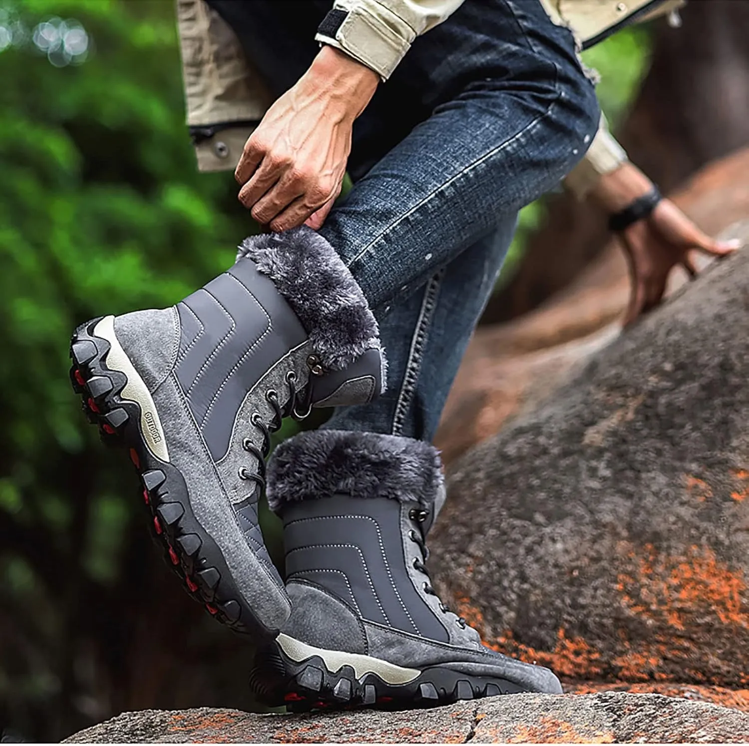 Outdoor Warm Snow Boots, Winter Comfortable Fur Lined Warm Slip on Mens Waterproof Ankle Boots, for Casual Walking Soft Ankle Booties Hiking Shoes