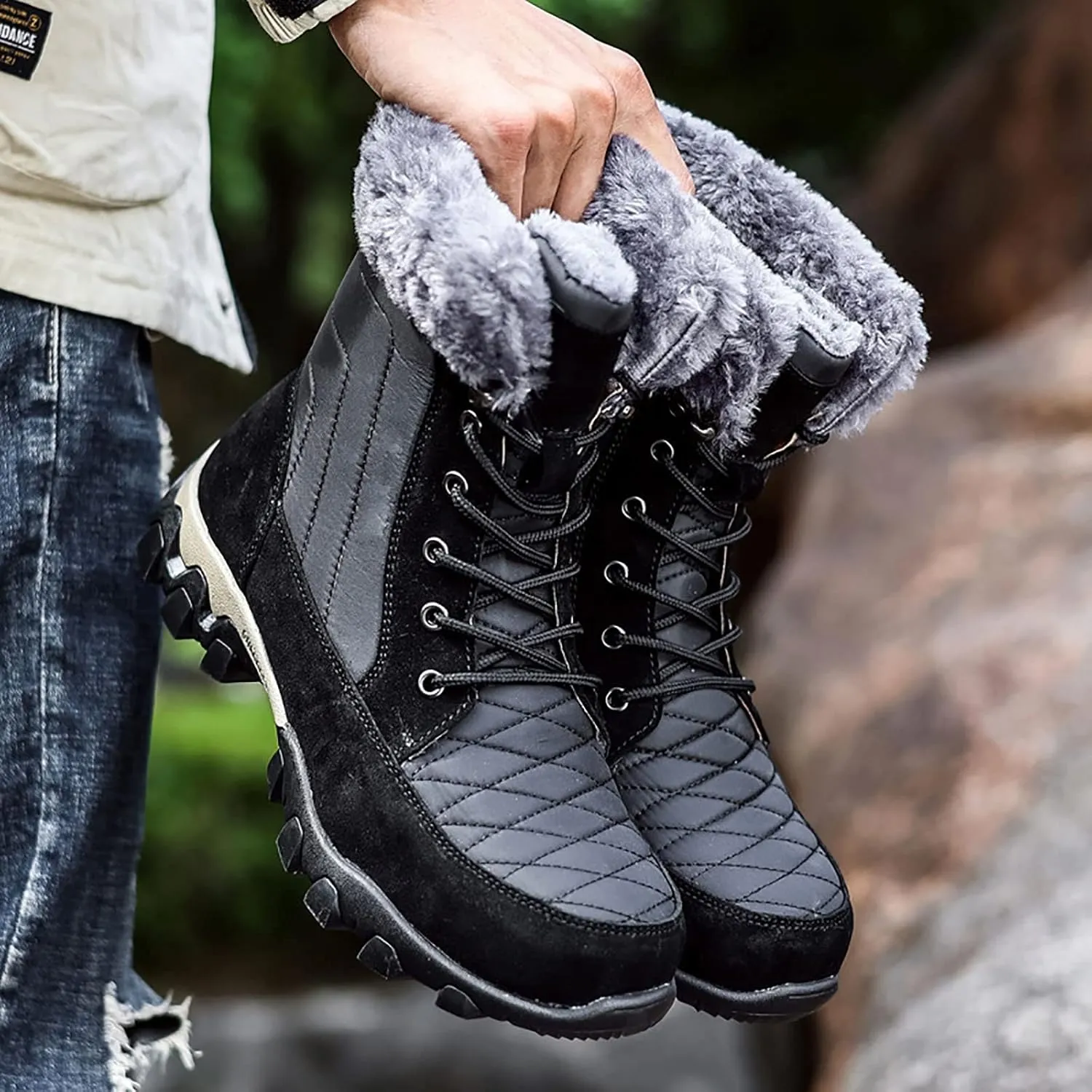 Outdoor Warm Snow Boots, Winter Comfortable Fur Lined Warm Slip on Mens Waterproof Ankle Boots, for Casual Walking Soft Ankle Booties Hiking Shoes