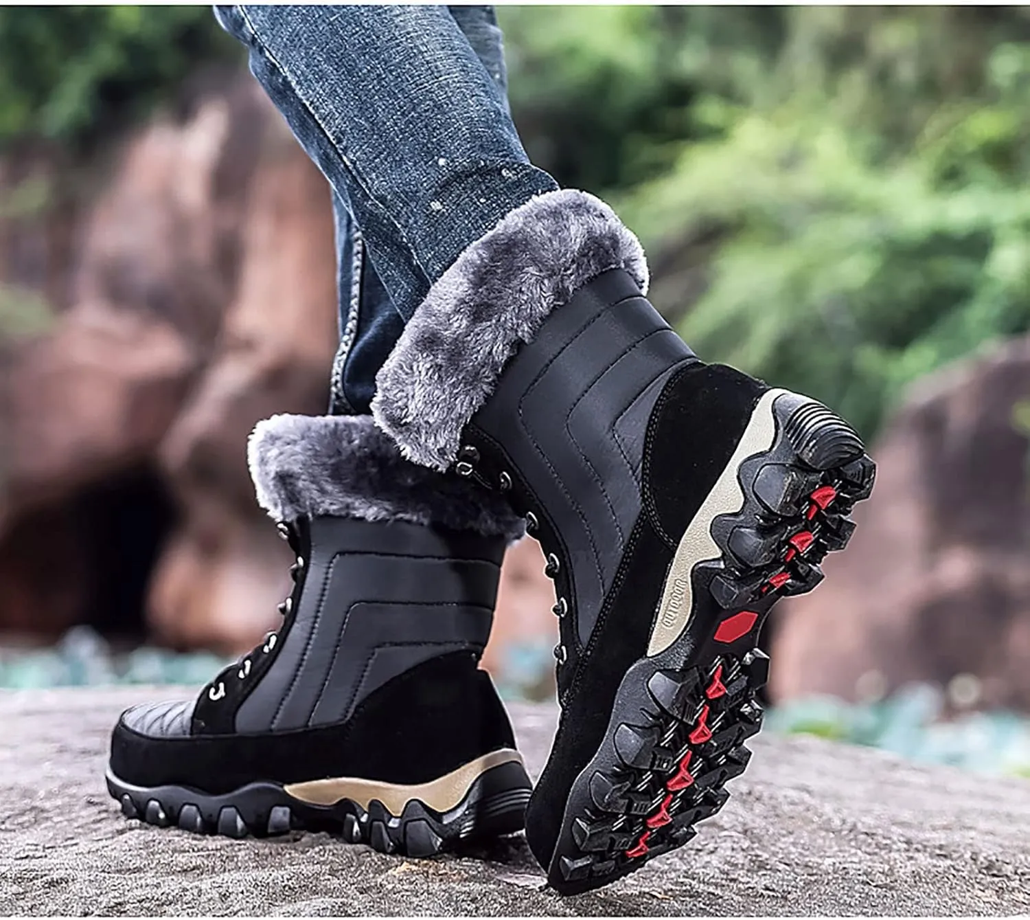 Outdoor Warm Snow Boots, Winter Comfortable Fur Lined Warm Slip on Mens Waterproof Ankle Boots, for Casual Walking Soft Ankle Booties Hiking Shoes
