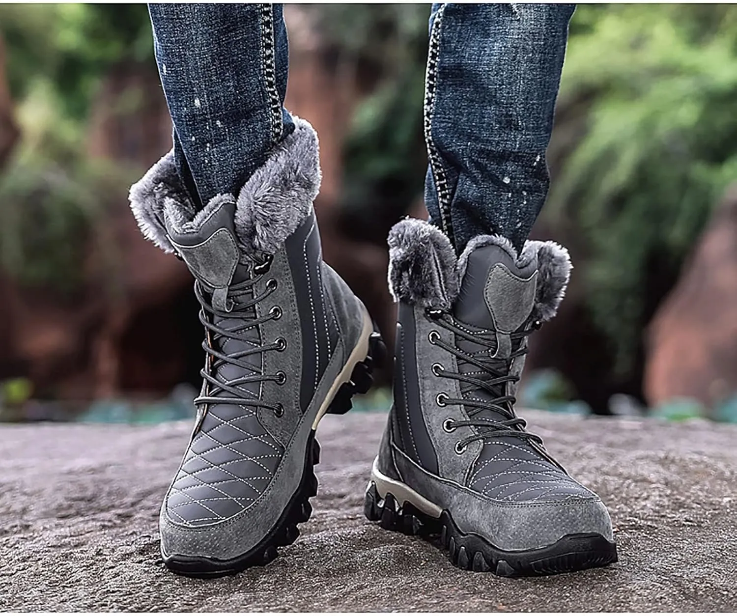 Outdoor Warm Snow Boots, Winter Comfortable Fur Lined Warm Slip on Mens Waterproof Ankle Boots, for Casual Walking Soft Ankle Booties Hiking Shoes