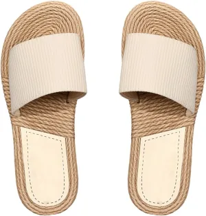 OYOANGLE Women's Single Band Woven Straw Flat Sandals Open Toe Boho Beach Vacation Sandal Slippers