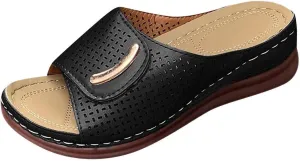 Peep Toe Hollow Out Orthopedic Slippers Adjustable Sandals, Summer Casual Open Arch Support Wedges Platform Walking Shoes Sandals Dressy Flat Flip Flops Comfortable Slippers Orthotic Slides