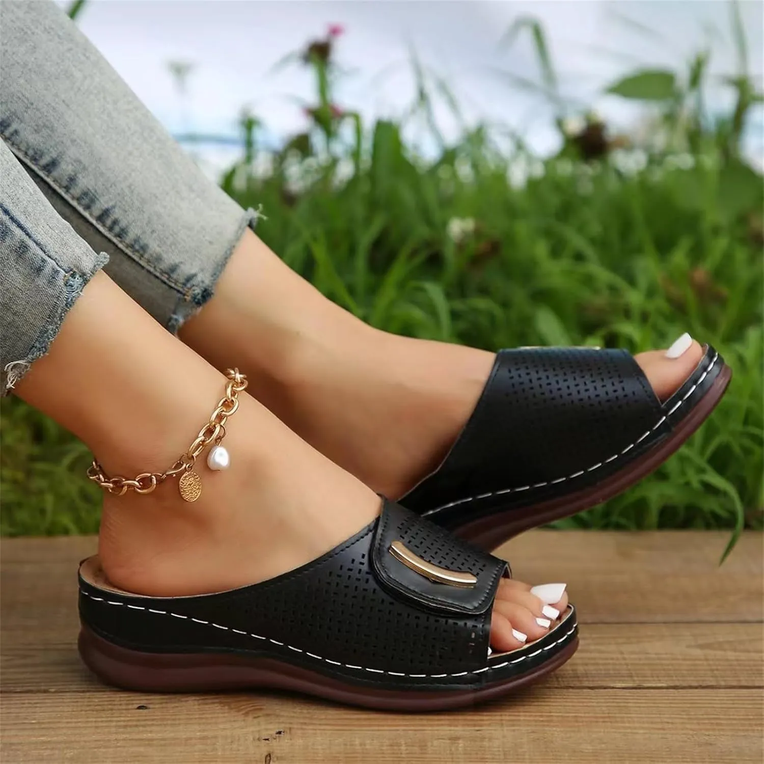Peep Toe Hollow Out Orthopedic Slippers Adjustable Sandals, Summer Casual Open Arch Support Wedges Platform Walking Shoes Sandals Dressy Flat Flip Flops Comfortable Slippers Orthotic Slides