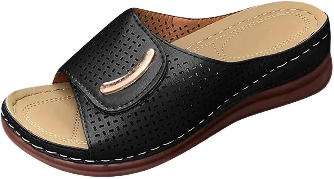 Peep Toe Hollow Out Orthopedic Slippers Adjustable Sandals, Summer Casual Open Arch Support Wedges Platform Walking Shoes Sandals Dressy Flat Flip Flops Comfortable Slippers Orthotic Slides