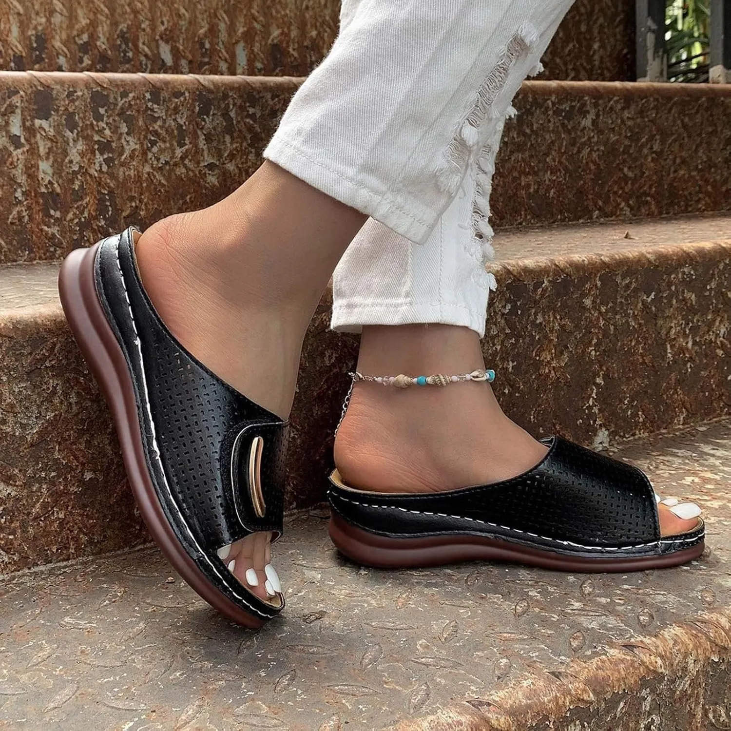 Peep Toe Hollow Out Orthopedic Slippers Adjustable Sandals, Summer Casual Open Arch Support Wedges Platform Walking Shoes Sandals Dressy Flat Flip Flops Comfortable Slippers Orthotic Slides