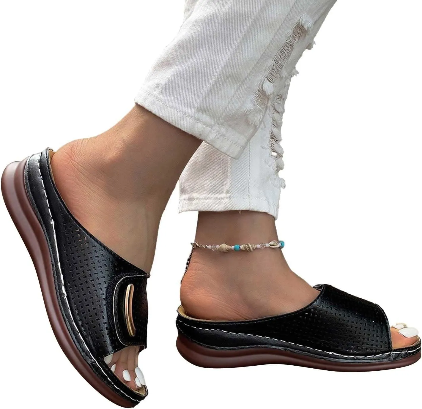 Peep Toe Hollow Out Orthopedic Slippers Adjustable Sandals, Summer Casual Open Arch Support Wedges Platform Walking Shoes Sandals Dressy Flat Flip Flops Comfortable Slippers Orthotic Slides
