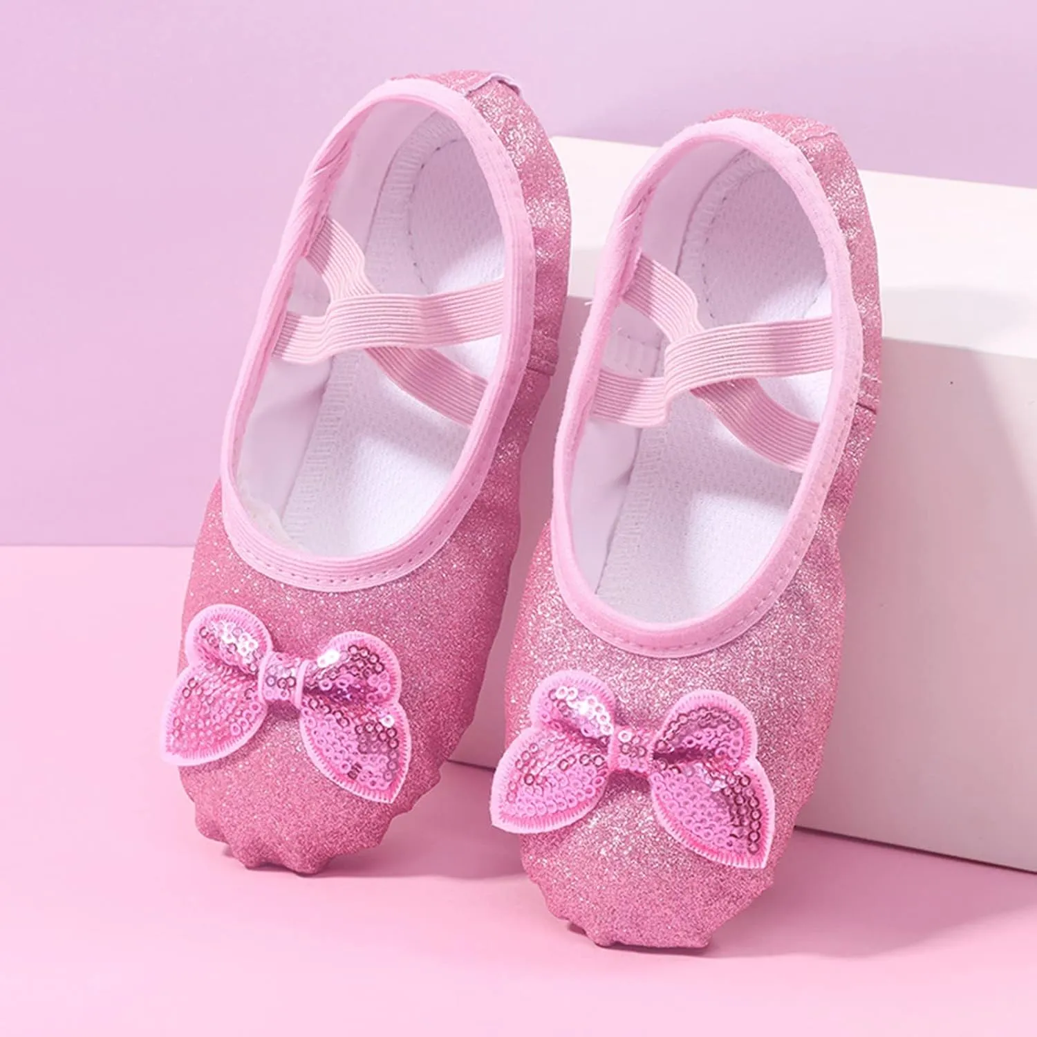 Pink Ballet Shoes Girls Glitter Dance Practice Slippers Split Soft Leather Flat Sole Yoga Gymnastics Slip On Shoes