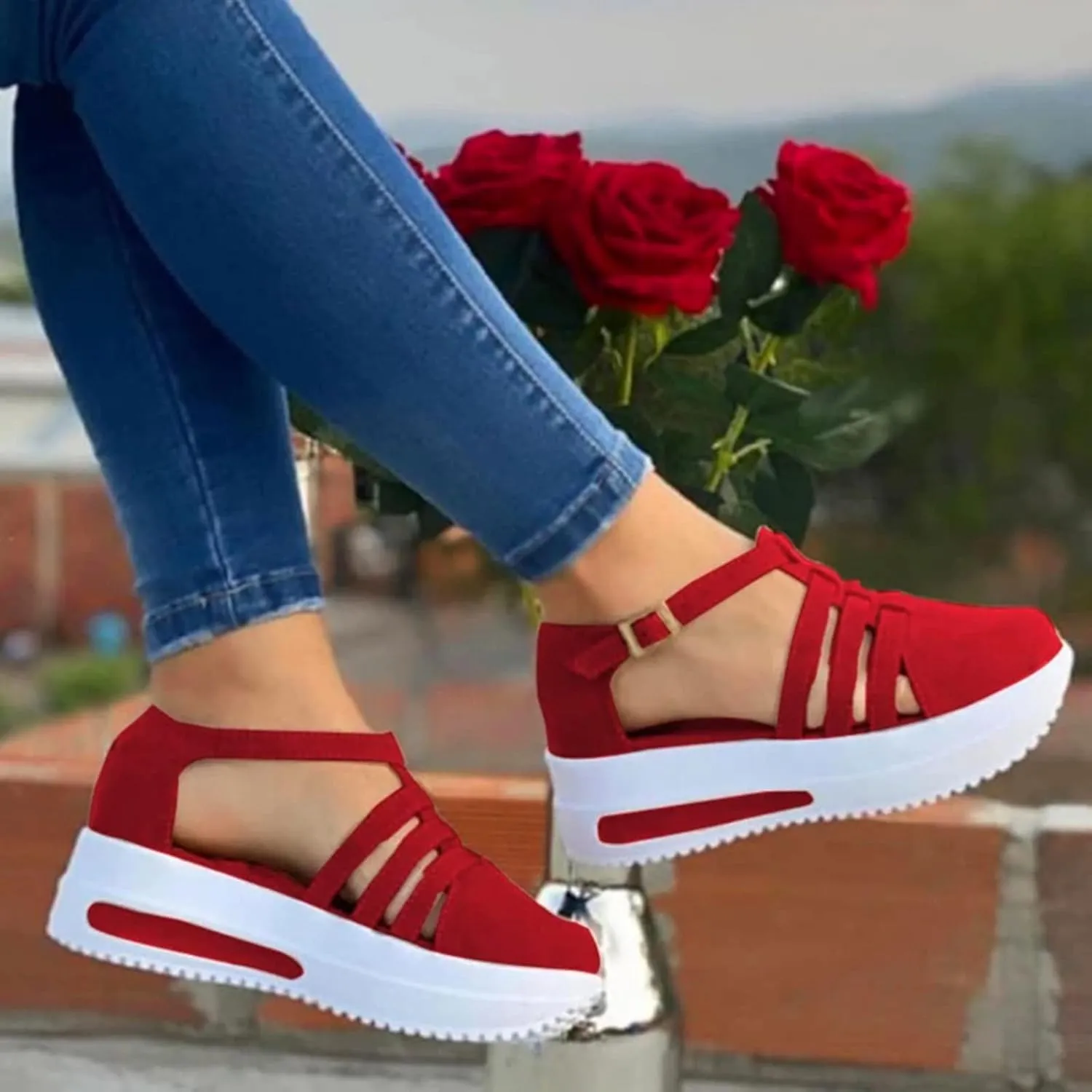 Platform Cusual Fashion Shoes Ladies Strap Sandals Solid Women's Wedge Strap Flat Sandals for Women