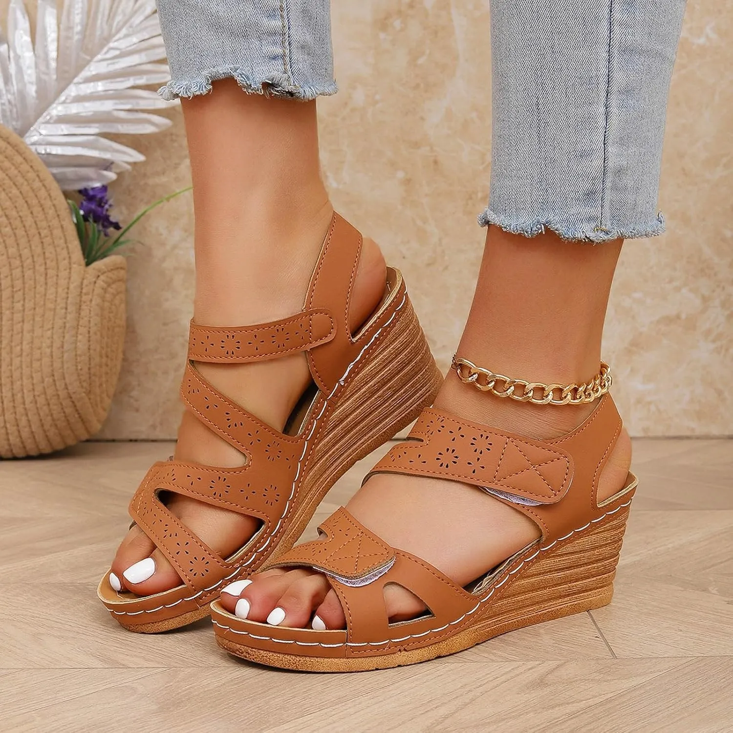 Platform Sandals Women Dressy Summer Comfortable Platform Wedges Open Toe Adjustable Ankle Strap Sandals Slip On Work Sandal for Women Office Summer Shoes Bohemian Sandal