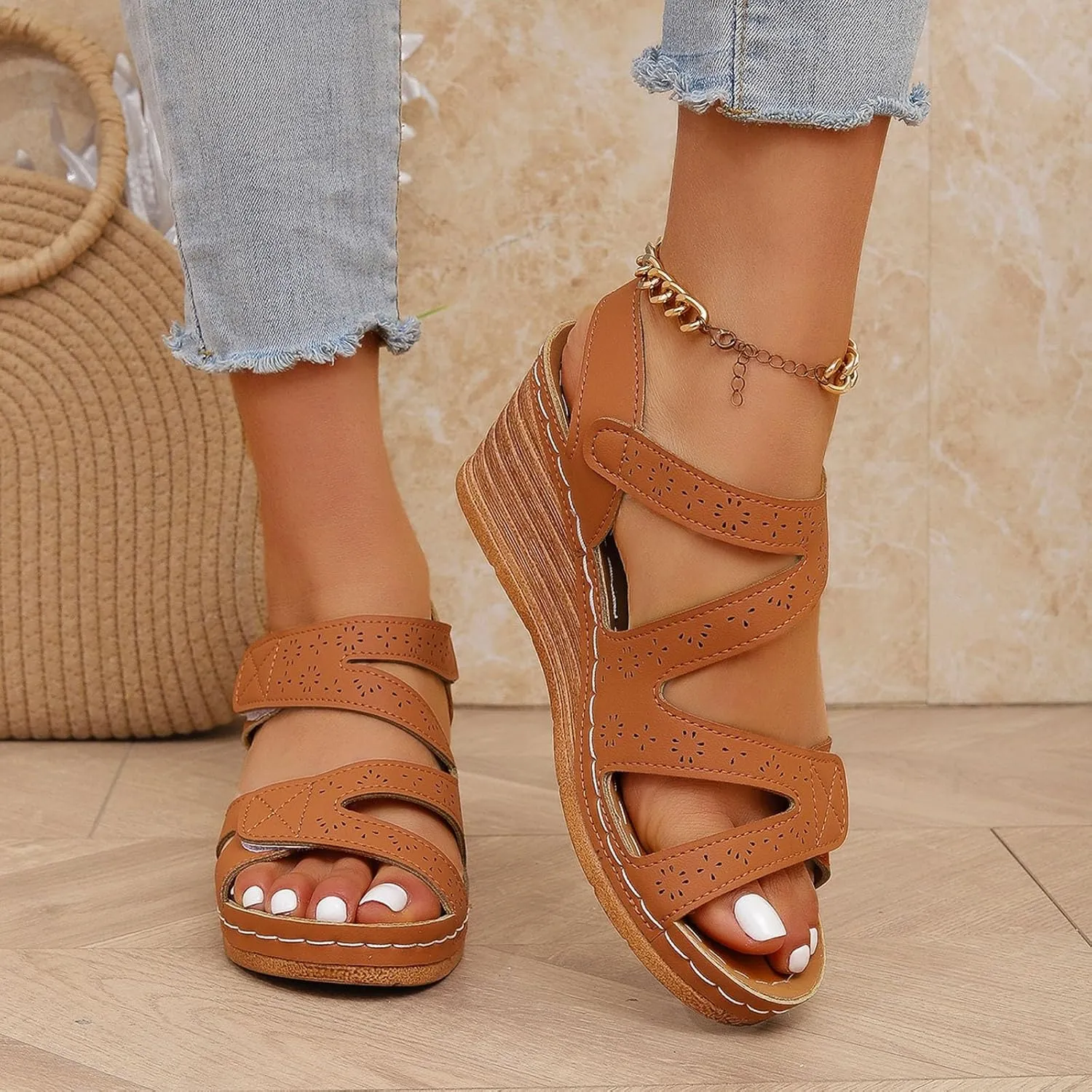 Platform Sandals Women Dressy Summer Comfortable Platform Wedges Open Toe Adjustable Ankle Strap Sandals Slip On Work Sandal for Women Office Summer Shoes Bohemian Sandal