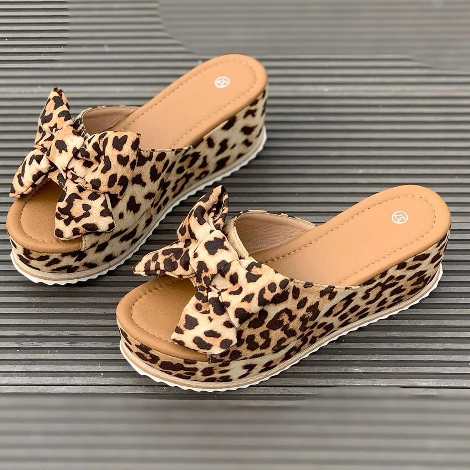 Platform Slip On Sandals for Women, Leopard Bow Decoration Walking Slippers, Casual Wedge Sandals, Dressy Vacation Sandal, Comfortable Open Toe Slippers Breathable Summer Shoes Barefoot Footwear