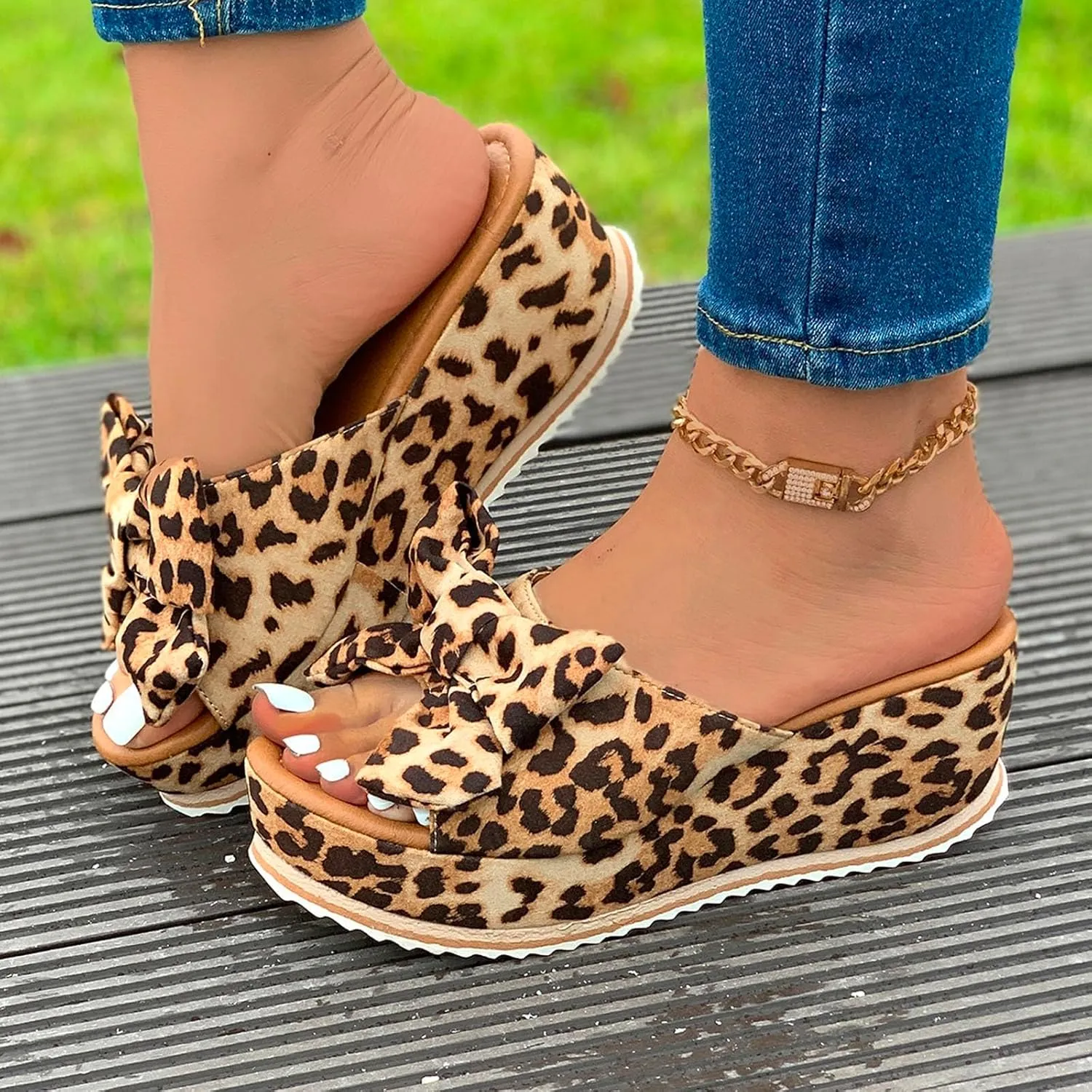 Platform Slip On Sandals for Women, Leopard Bow Decoration Walking Slippers, Casual Wedge Sandals, Dressy Vacation Sandal, Comfortable Open Toe Slippers Breathable Summer Shoes Barefoot Footwear