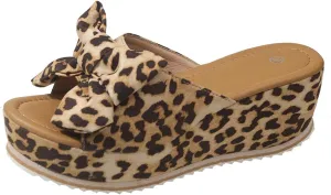 Platform Slip On Sandals for Women, Leopard Bow Decoration Walking Slippers, Casual Wedge Sandals, Dressy Vacation Sandal, Comfortable Open Toe Slippers Breathable Summer Shoes Barefoot Footwear