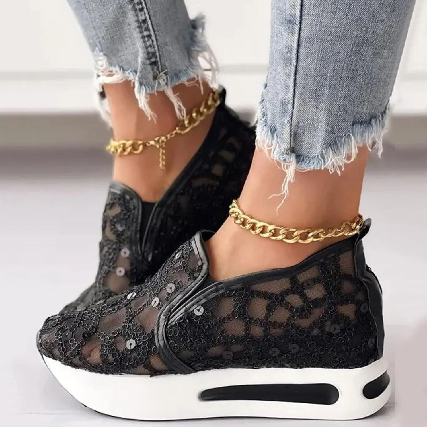 Platform Sneakers for Women Embroidery Floral Mesh Air Comfort Chunky Sole Hidden High Heels Fashion Dressy Breathable Walking Work Shoes Air Cushion Road Running Shoes